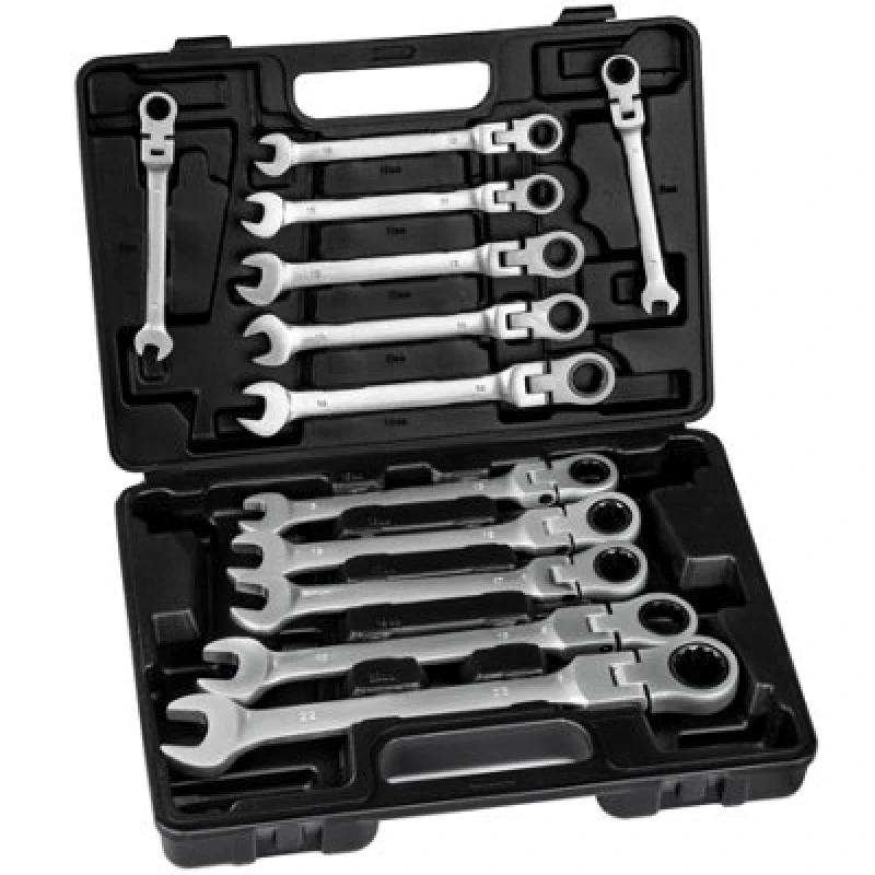 Image of Tectake Spanner Set - 12 Piece, Combination Spanner With Flexible Ratchet Joint Heads - Black