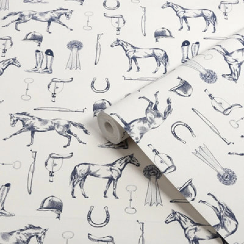 Image of Joules Sketched Equestrian Print Cream & Blue Wallpaper - 10m x 52cm Cream/Blue