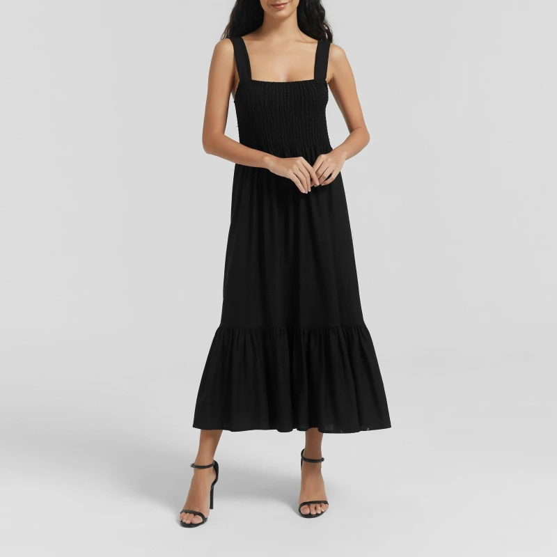 Image of Be You Linen Shirred Dress - Black 8