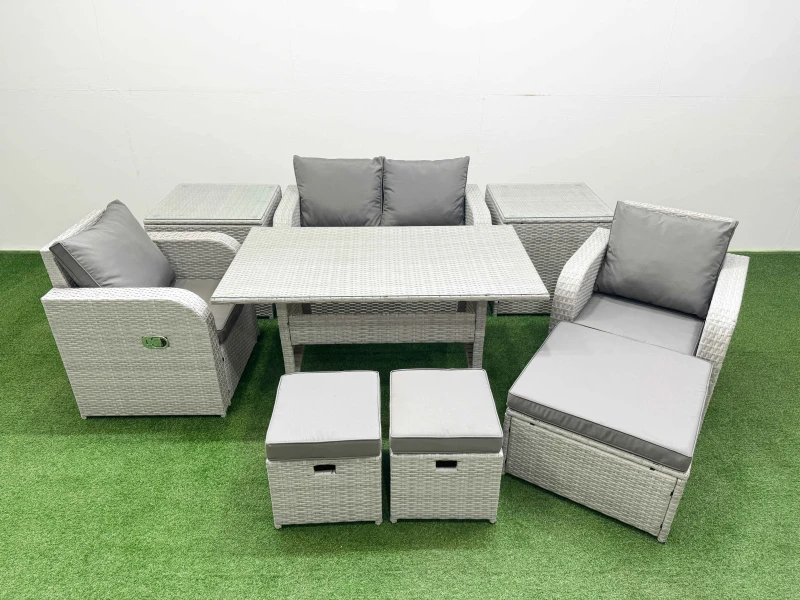 Image of Fimous Light Grey PE Wicker Rattan Garden Furniture Set Sofa Set Reclining Chair Rectangular Dining Table 7 Seater 3 Stools 2 Side Table Light Grey