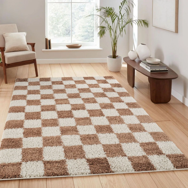 Image of Chester Living Room Shaggy Area Rug Modern - Contemporary Checkered Design - Hallway Runner Indoor Rug Terracotta 60X220 Cm