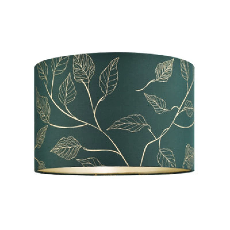 Image of Happy Homewares Modern Forest Green Cotton Fabric Drum Lamp Shade With Gold Foil Floral Design