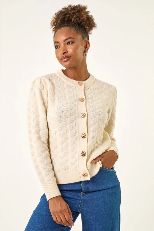 Image of Roman Womens Textured Buttoned Knit Cardigan in Ivory Size: 10 Ivory Female 10