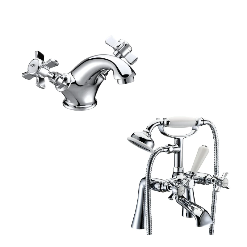 Image of Balterley Classic Crosshead Mono Basin Mixer Tap & Bath Shower Mixer Tap Kit in Silver Silver Unisex