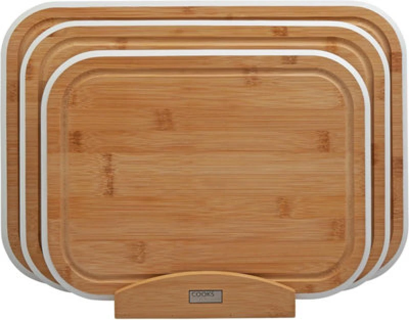 Image of Cooks Professional 3 Piece Bamboo Chopping Board Set With Storage Stand - Wooden Cutting Boards - White Edging
