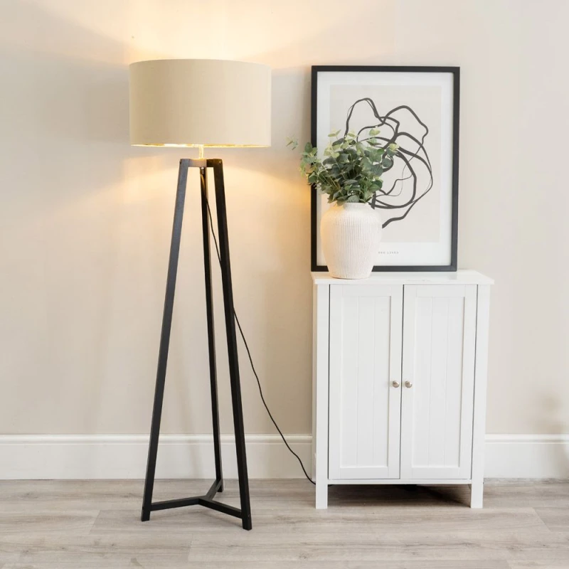 Image of ValueLights Lottie Black Wood Tripod Floor Lamp with Beige and Gold Drum Shade Cream
