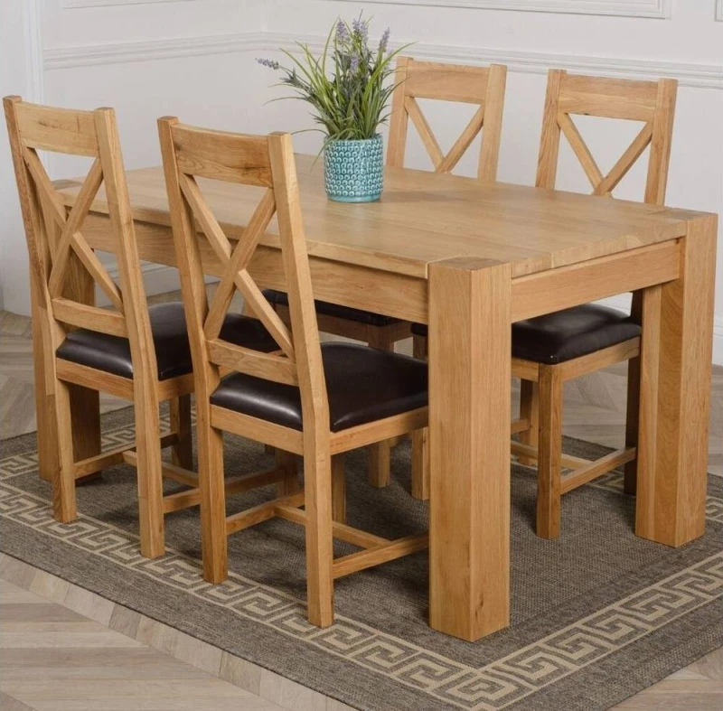 Image of Thats Furniture Kuba 150x85cm Chunky Medium Oak Dining Table & 4 Berkeley Leather Chairs in Brown Brown Unisex 150x85 cm