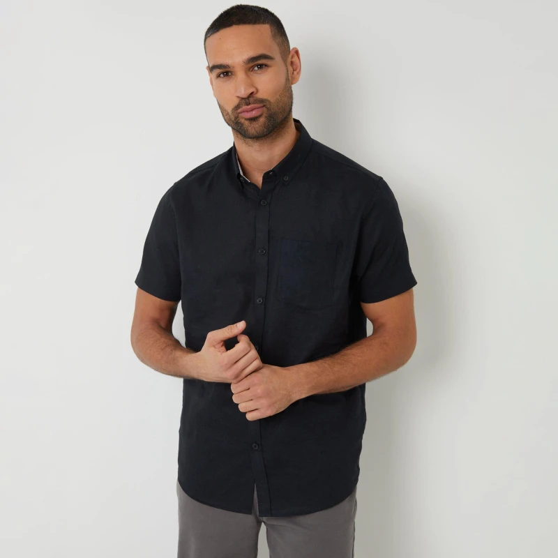 Image of Threadbare Dragon Cotton-Linen Blend Short-Sleeve Shirt - Black M