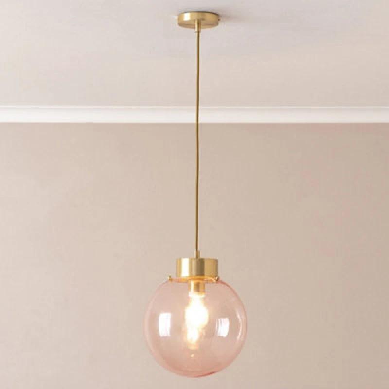 Image of ValueLights ValueLights Frenchie Pink Glass Globe Brushed Gold Capped Ceiling Pendant Light in Pale Pink Pale Pink One Size Unisex 5059406062667