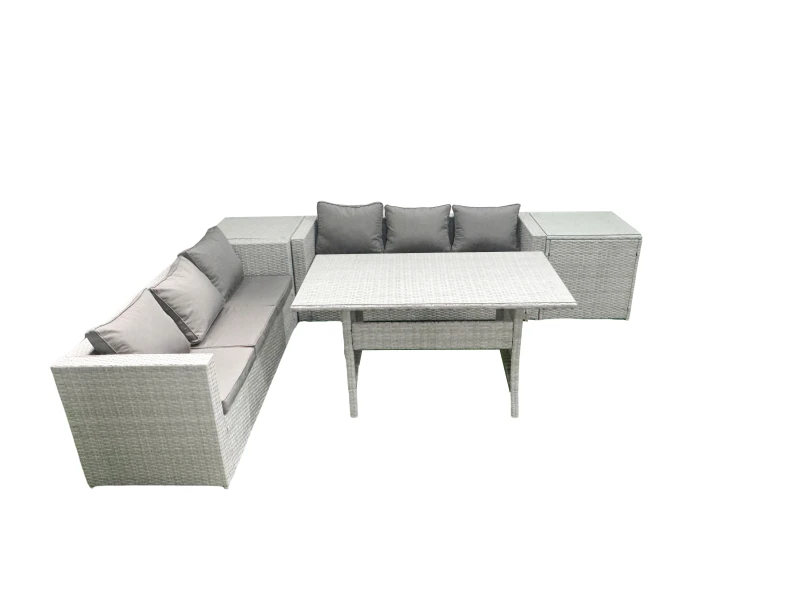 Image of Fimous Rattan Garden Furniture Set 6 Seater Outdoor Sofa Set with Dining Table 2 Side Tables Light Grey Mixed Light Grey