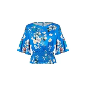 Image of Yumi Blue Floral Satin Top With Angel Sleeves - Blue