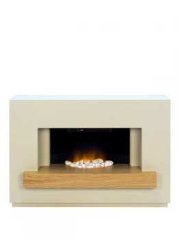 Image of Adam Fire Surrounds Sambro Fireplace Suite In Stone Effect With Oak Shelf