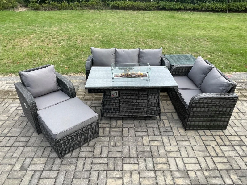 Image of Fimous Garden Patio Furniture Wicker Rattan Gas Fire Pit Table and Sofa Chair set with Side Table Big Footstool Dark Grey