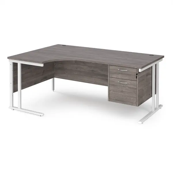 Image of Maestro 25 left hand ergonomic desk 1800mm wide with 2 drawer pedestal - white cantilever leg frame, grey oak top