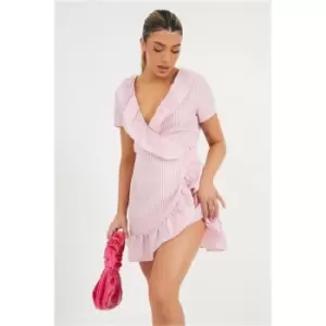 Image of I Saw It First Pink Gingham Frill Detail Plunge Neck Wrap Skater Dress - Pink