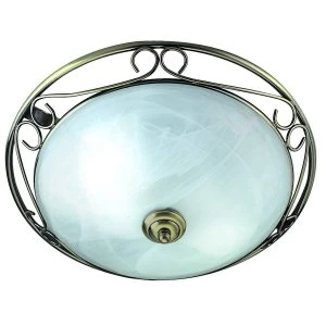 Image of Flush Ceiling 2 Light Antique Brass with Marble Glass Diffuser, E14