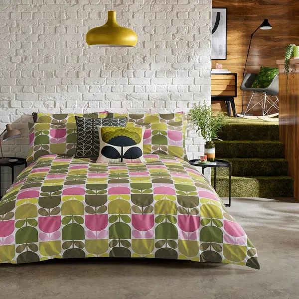 Image of Orla Kiely Multi Block Stem Duvet Set, Single, Green & Pink