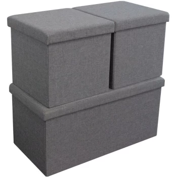 Image of Laura 3x Collapsible Linen Ottoman Storage Box Seats - Grey - Grey