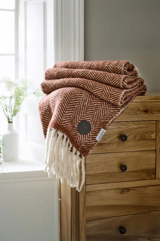 Image of The Lyndon Company Supersoft Moorland 100% Brushed Wool Jacquard Throw Burnt Orange