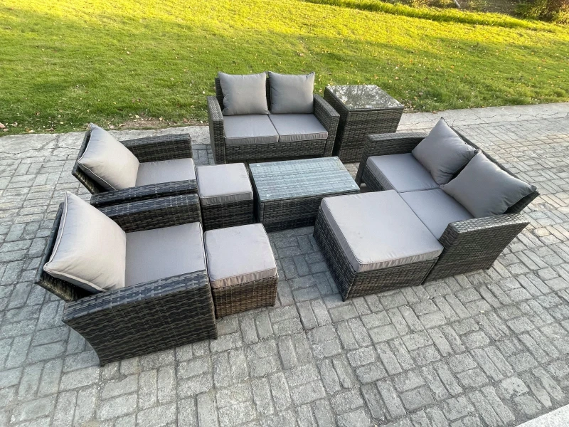 Image of Fimous Garden Furniture Sets 9 Pieces Outdoor Rattan Furniture Manual Wicker Patio Sofa Chair Set with Coffee Table in Dark Grey Dark Grey Unisex