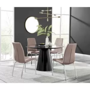 Image of Furniture Box Palma Black Semi Gloss Round Dining Table and 4 Cappuccino Isco Chairs