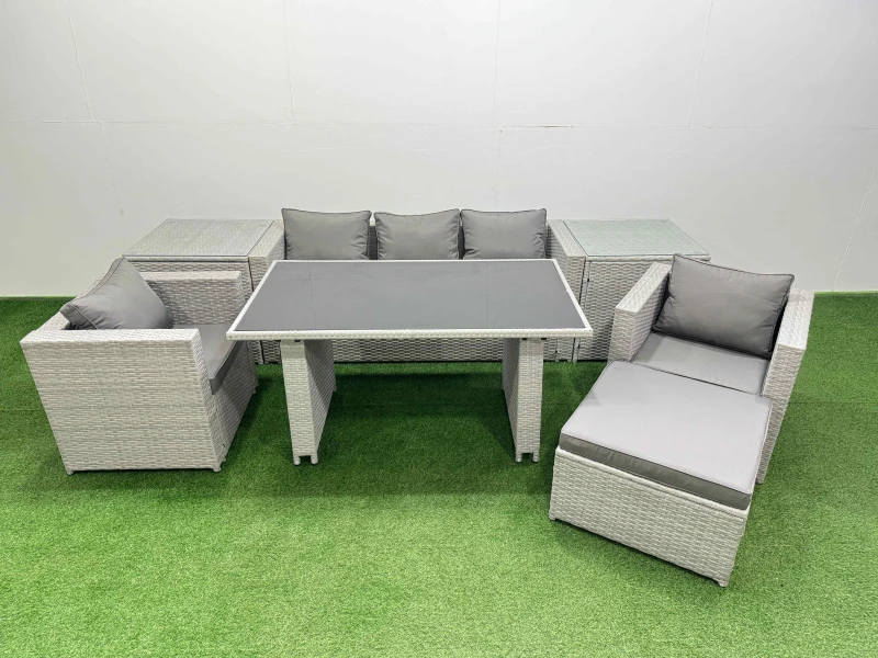 Image of Fimous Patio Garden Furniture Sets with Dining Table 2 Side Tables Big Stool in Light Grey Light Grey Unisex