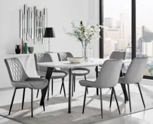 Image of Andria White Marble Effect & Black Leg 6 Seater Dining Table and 6 Pesaro Soft Velvet Chairs