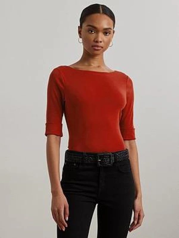 Image of Lauren Ralph Lauren Boat Neck T-Shirt with Short Sleeves Red Women XS