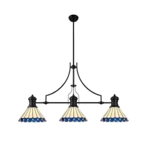 Image of Worcester, 3 Light Linear Ceiling Pendant E27 With 30cm Tiffany Shade, Matt Black, Blue, Cream, Crystal