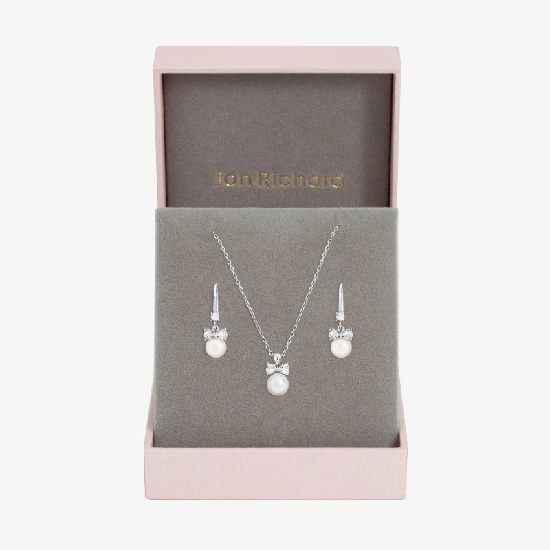 Image of Jon Richard Rhodium Plated Bow and Pearl Drop Set - Gift Box Silver female One Size