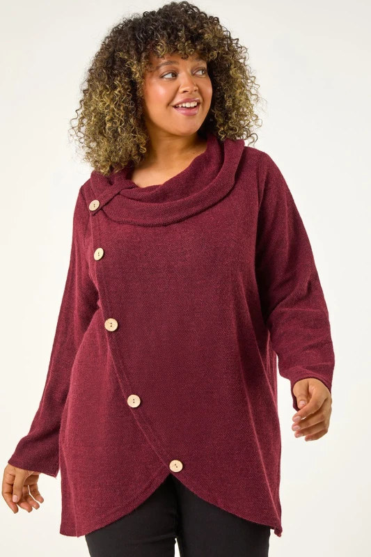 Image of Roman Curve Cowl Neck Button Wrap Top Wine