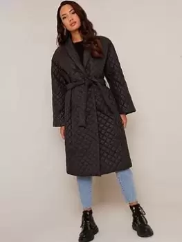 Image of Chi Chi London Diamond Quilted Longline Belted Coat - Black, Size 10, Women