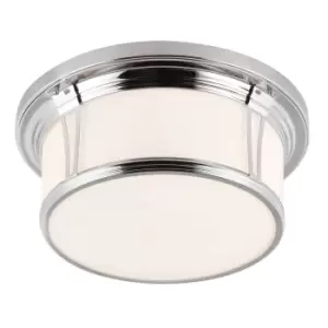 Image of IP44 3 Bulb Flush Light Opaque Glass Banded Metal Polished Chrome LED E27 60W