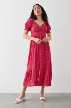 Image of Red Floral Shirred Waist Midi Dress
