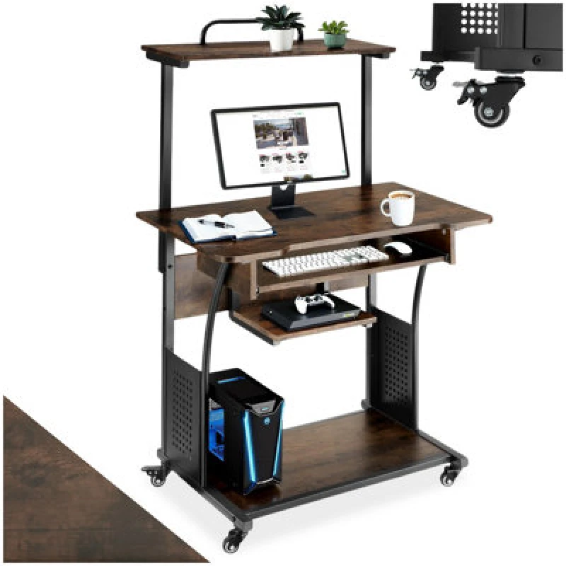 Image of Tectake Desk Fife - 3 Levels, Attachable Shelf And Keyboard Tray, 4 Castors 65cm - Industrial Wood Dark, Rustic