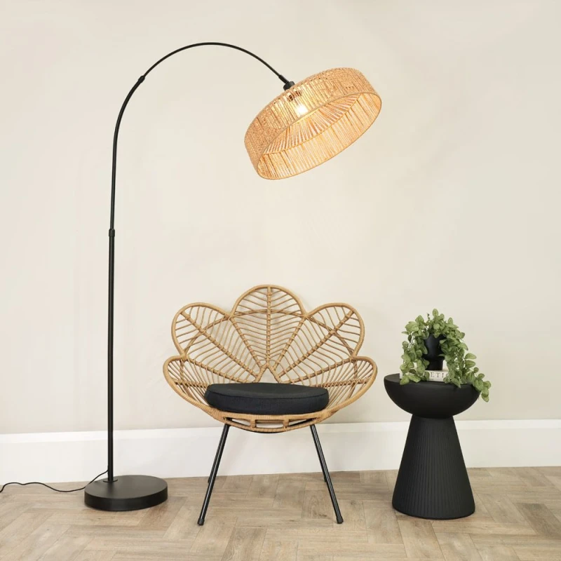 Image of ValueLights Louis Black Arched Curved Floor Lamp with Natural Rope Lamp Shade and LED Bulb Brown
