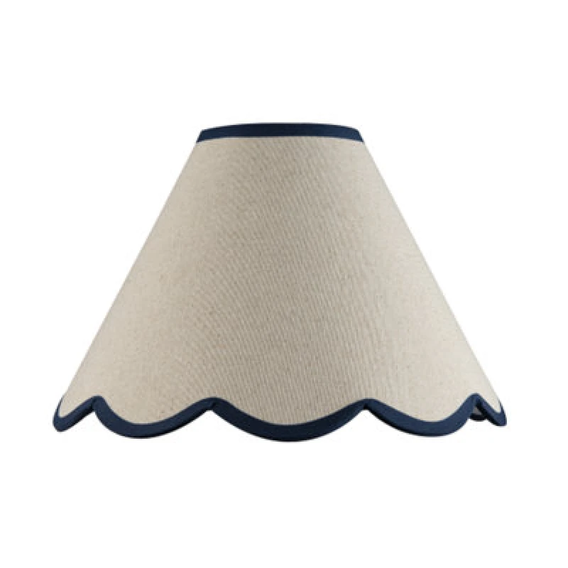 Image of Happy Homewares Scallop Edge Natural Textured Linen Coolie Lamp Shade With Navy Trims