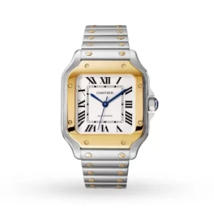 Image of Santos De Cartier Watch Medium Model, Automatic Movement, Yellow Gold, Steel, Interchangeable Metal And Leather Bracelets