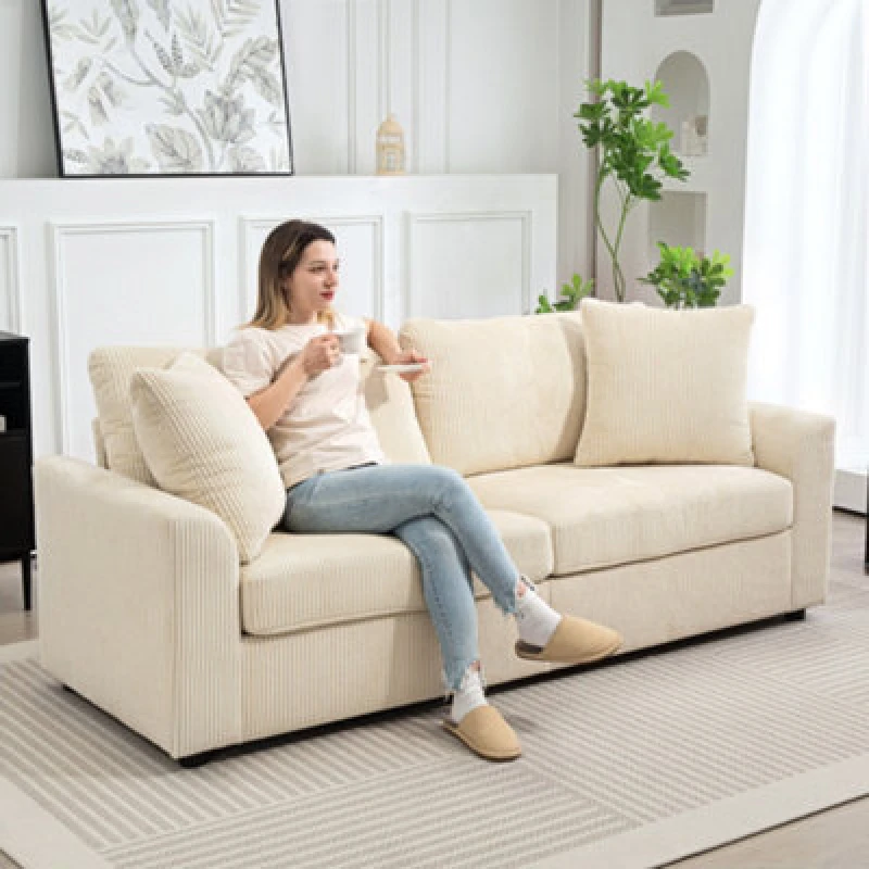 Image of HOMCOM 212cm Upholstered Jumbo Cord Sofa Couch with Spring Cushion, Cream 83B-353V70CW