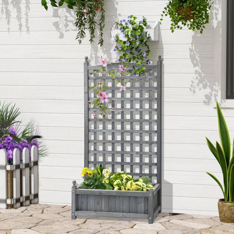 Image of Outsunny Raised Garden Bed With Trellis Garden Planters Indoor Grey