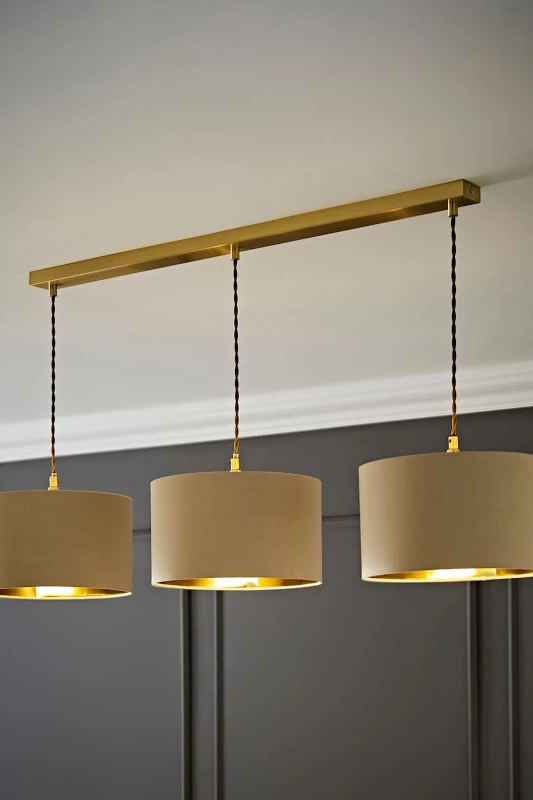 Image of ValueLights ValueLights Reni Metallic Drum Shade 3 Drop Bar Gold Diner Ceiling Pendant Light in Natural Natural One Size Unisex 5059406063121
