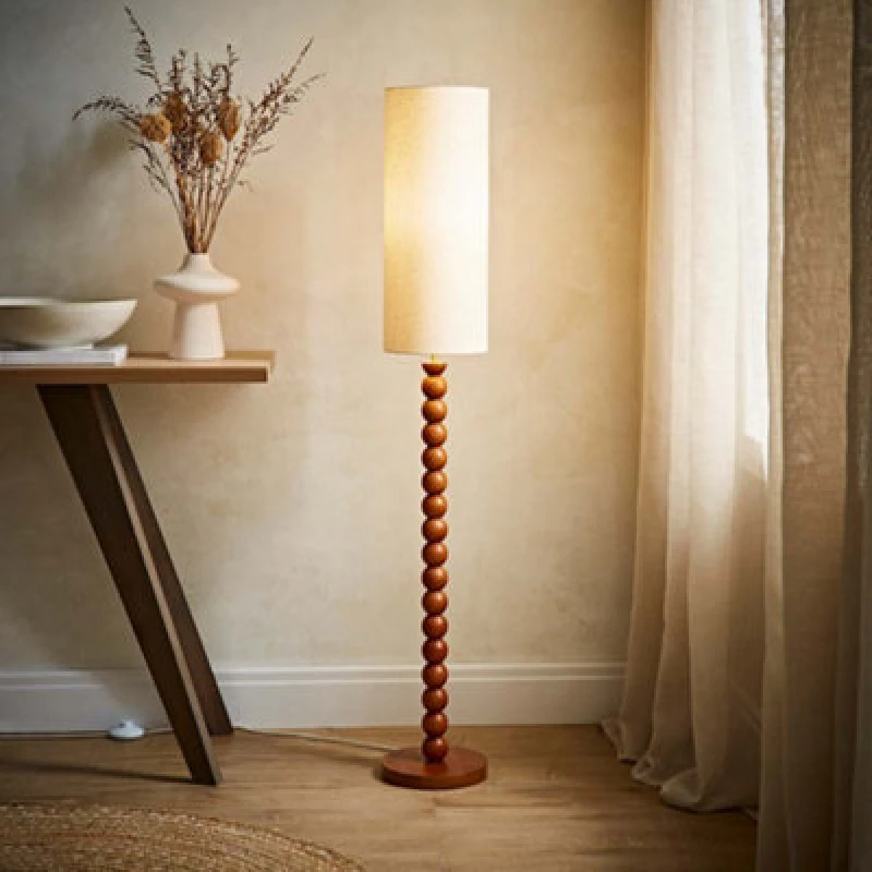 Image of ValueLights ValueLights Wyatt Natural Linen Tall Lamp Shade Walnut Wood Bobbin Floor Lamp Natural One Size Unisex 5016529272595