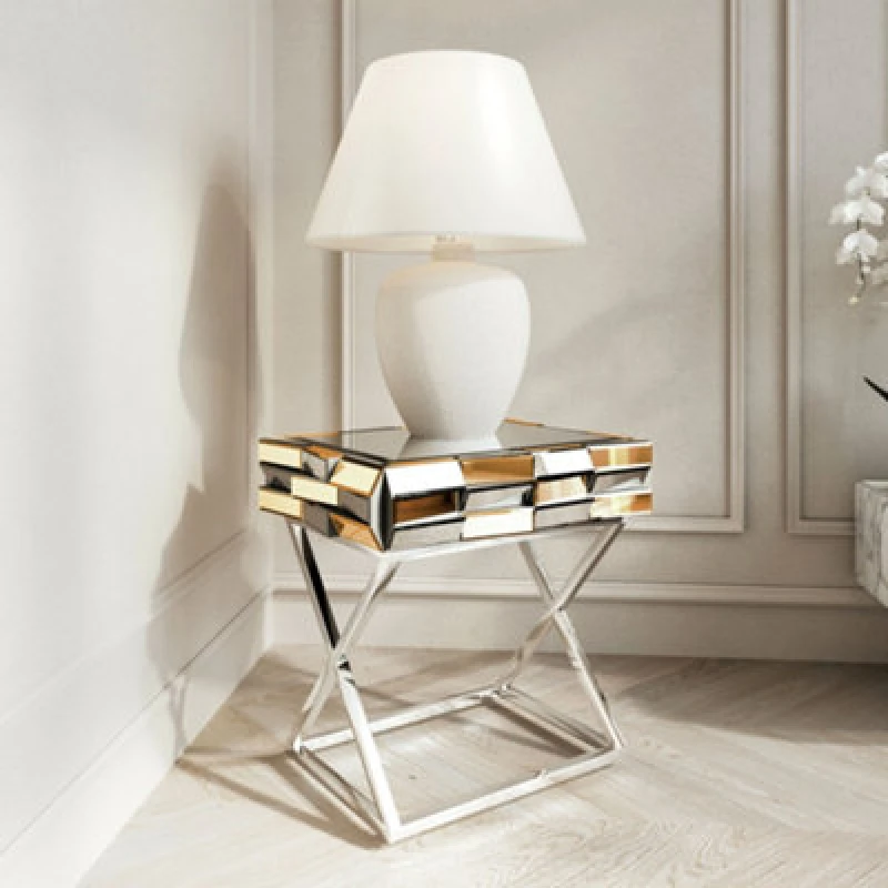 Image of CARME HOME Carme Home - Knightsbridge - Luxury Mirrored Side Table 3D Glass Effect Design With Drawer Chrome Crossed Legs Bedroom Living Room Furnitur