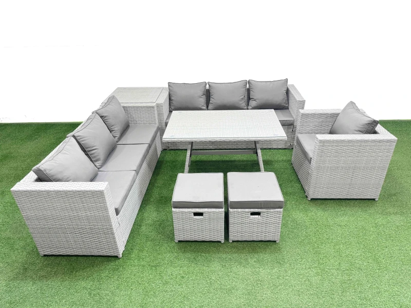 Image of Fimous 9-seater Patio 3 Seater Sofa Armchair Set with Side Table 2 Stools in Light Grey Light Grey Unisex