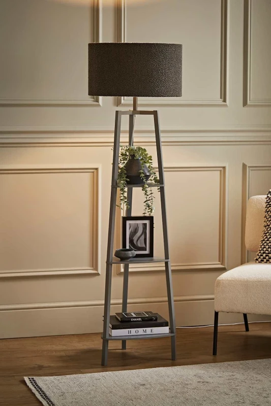 Image of ValueLights ValueLights Hiru Grey 3 Tier Wooden Shelf Floor Lamp with Boucle Drum Shade in Charcoal Charcoal One Size Unisex 5059406036330
