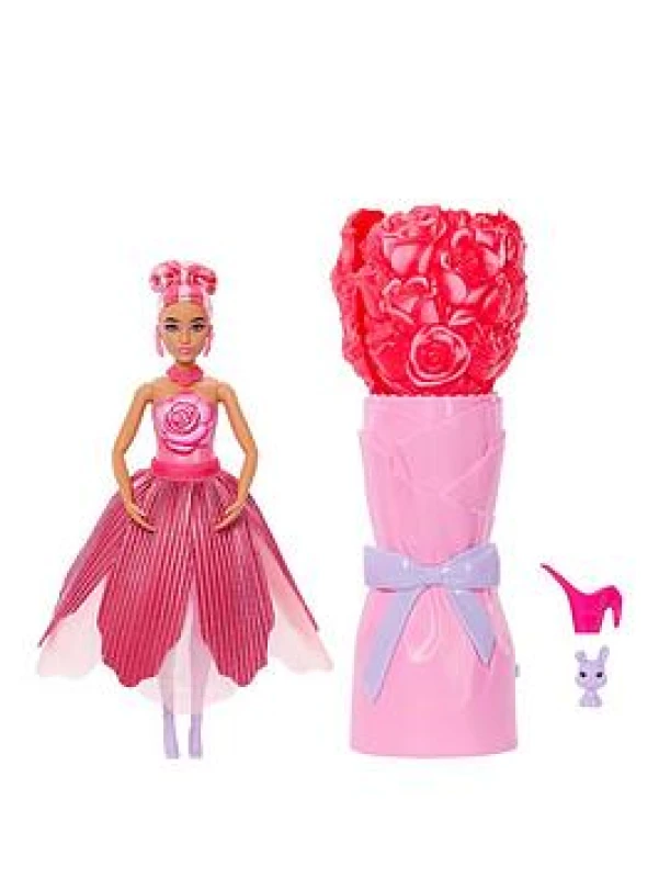 Image of Barbie Petal Pop Scented Doll with Rose Dress & Accessories Bouquet Reveal with Pet Bunny & Surprises like Watering Can Necklace & Earrings JMF59 R