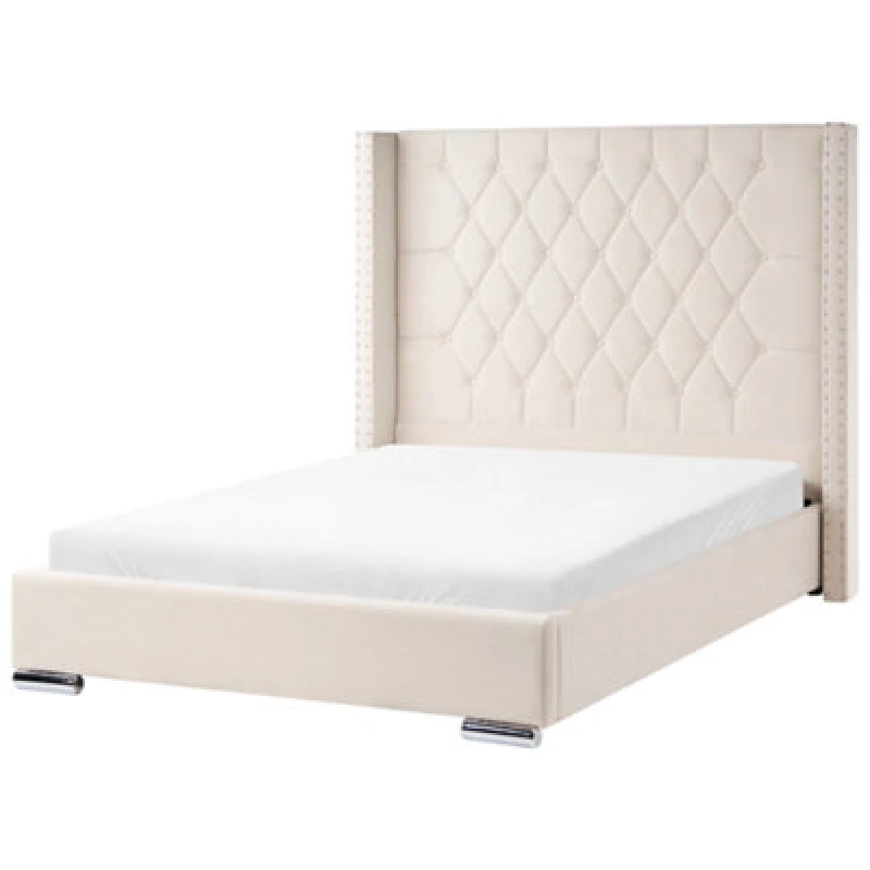 Image of Beliani Bed Velvet Lubbon 140 X 200 Cm (Eu Double) Off-White