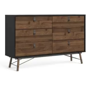 Image of Ry Wide double chest of drawers 6 drawers in Matt Black Walnut - Matt Black Walnut