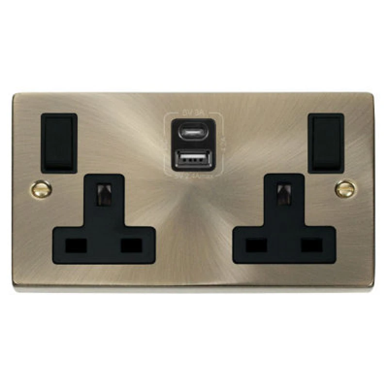 Image of SE Home Antique Brass 2 Gang 13A Type A & C USB Twin Double Switched Plug Socket Gold unisex