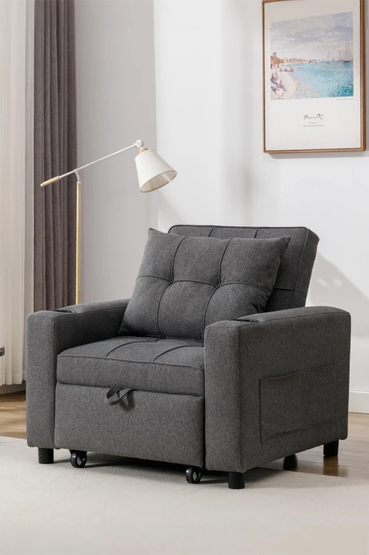 Image of More4Homes Hudson 1-seater Sofa Bed Linen Fabric With Cup Holders Grey 5.05574E+12